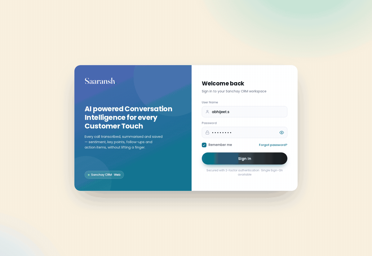 Saaransh web login — AI powered conversation intelligence for every customer touch, integrated with Sanchay CRM