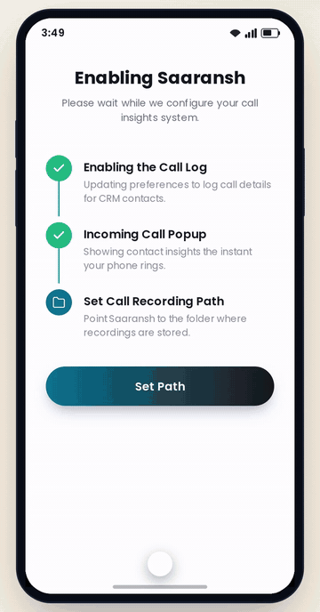 Saaransh mobile app — enabling call log, incoming call popup and call recording path