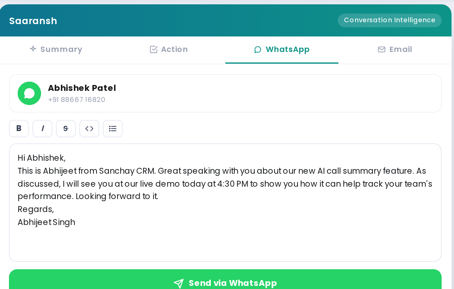 WhatsApp follow-up draft generated by Saaransh from the call