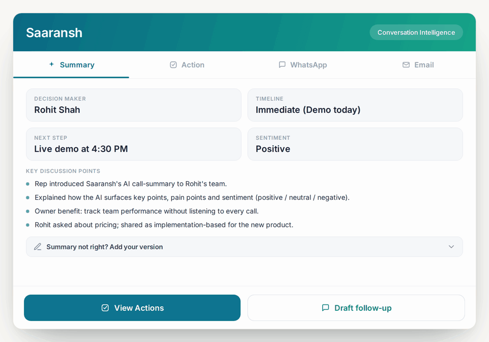 Saaransh daily sales manager report — 88 calls, 16 demos, team summary and flagged issues